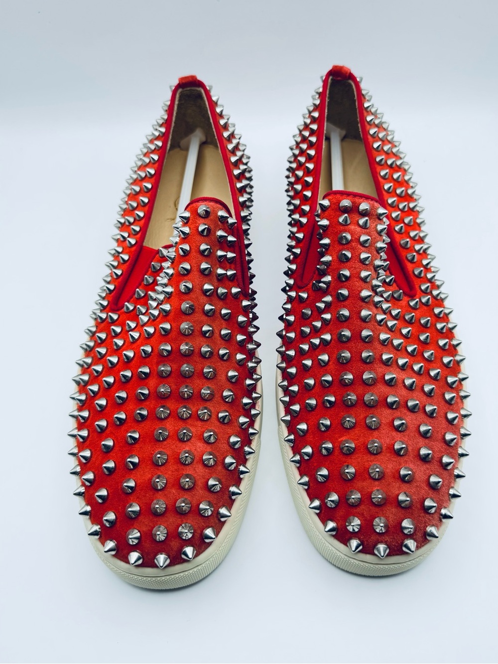 Christian Louboutin Junior Spikes Flat Red Suede Slip-On Sneakers Size 43 EU